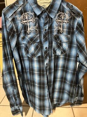 Supply Company USA Blue Plaid Affliction Style Black Pearl Snap Shirt Size M NWT